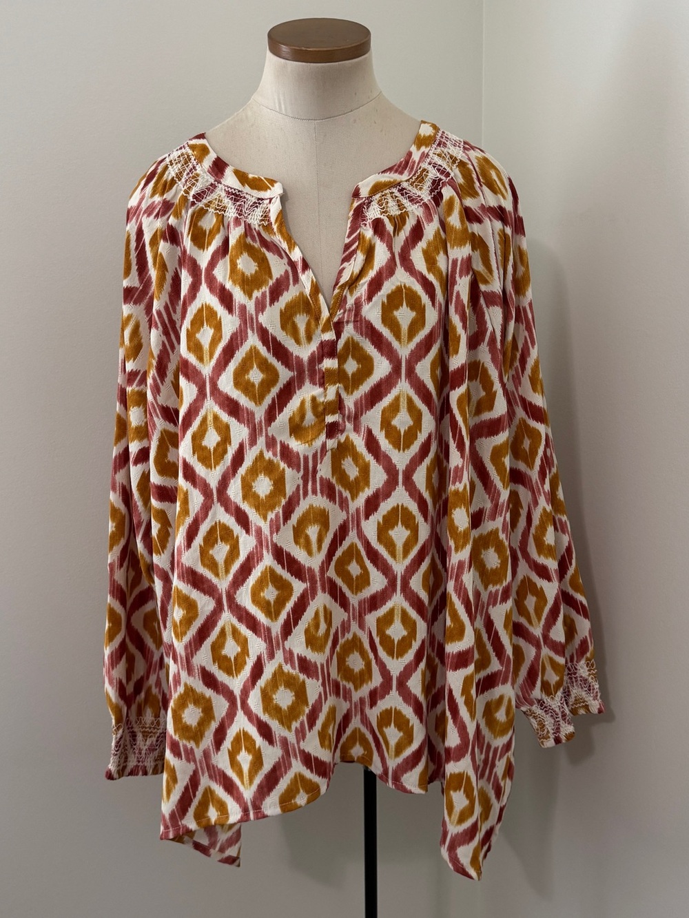 Wonderly 4X Plus Long Sleeve Boho Ikat Print Blouse Top